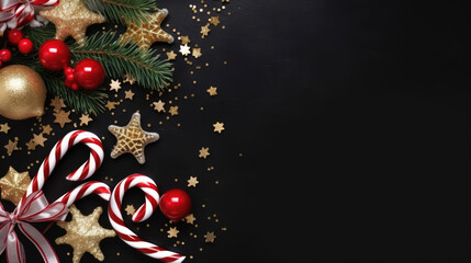 Wall Mural - Christmas dark background with christmas decoration, christmas candy canes, gold fir branch, top view. wide banner with copy space, generative ai