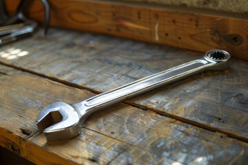 A detailed close-up of a shiny chrome adjustable wrench on a wooden workbench.. AI generated.