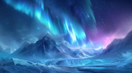 Brilliant aurora dancing across the night sky above a frozen tundra, illuminating the landscape with vibrant colors