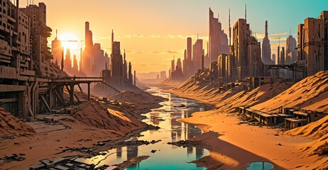 river through desert sci-fi cyberpunk city at sunset. futuristic dystopian town buildings and tall towers on the horizon. abandoned ghost town oasis.