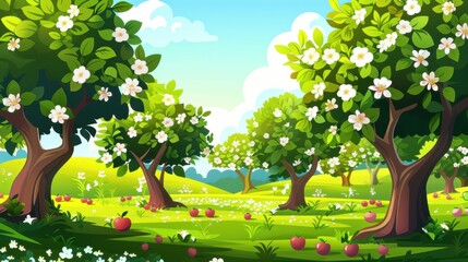 Cartoon apple orchard in full bloom. Lush green landscape with red apples and white blossoms on a sunny spring day. Ideal for nature, farming, and food illustrations.