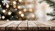© JP STUDIO LAB - Rustic table top, warm living room decor, blurred Christmas tree lights, snowflakes, holiday background, mockup for advertising