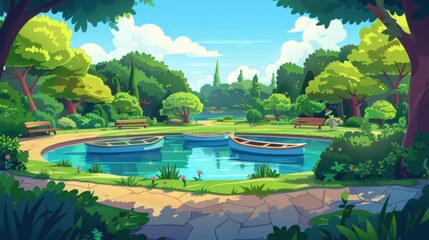 Wall Mural -  Idyllic Summer Park Scene with Boats on a Lake. Vibrant Cartoon Illustration