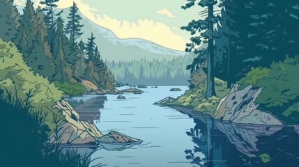 Wall Mural - Serene mountain lake landscape illustration. Peaceful nature scene with blue water, rocks, trees, and mountains. Concept of tranquility, wilderness, and nature.