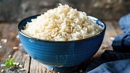 Wall Mural - Bowl of Cooked White Rice on Wooden Table