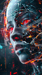 Poster - The woman's face is shown on a computer image with many circuits and wires. The image has a futuristic and technological tone, with the woman's face in the spotlight.