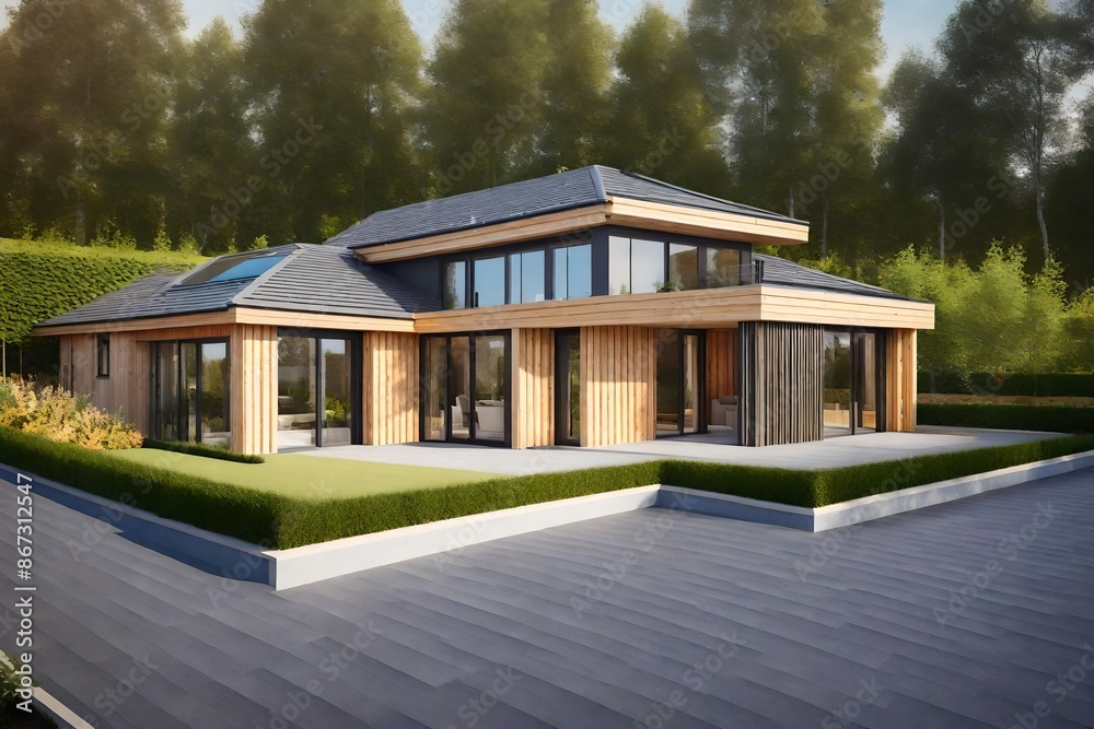 New modern eco friendly passive house with a photovoltaic system on the ...