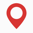 © Hogr - A red location pin icon. The pin is designed with a rounded top, resembling a location marker, and a pointed bottom, indicating direction. It is set against a white background.