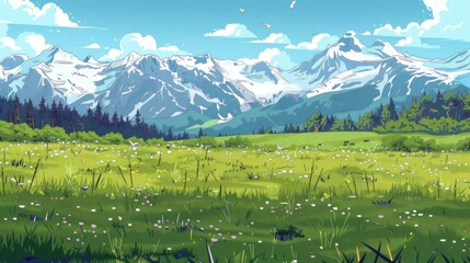 Wall Mural - Stunning Green Meadow with Wildflowers and Snow-Capped Mountains in Background. Serene Nature Landscape