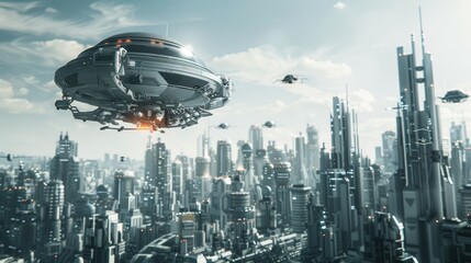 Wall Mural - A futuristic cityscape with towering skyscrapers and a large flying object hovering in the sky among autonomous drones