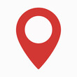 © Hogr - A red location pin icon. The pin is designed with a rounded top, resembling a location marker, and a pointed bottom, indicating direction. It is set against a white background.