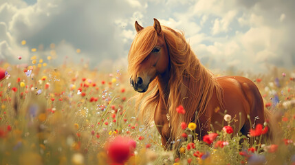 Wall Mural - Red horse with long mane in flower field against sky