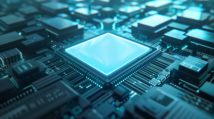Poster - close-up of a modern processor chip with electronic circuits with light blue neon backlight. technol