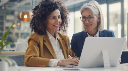 Poster - Two smiling women in business attire work together on a laptop computer in a modern office setting