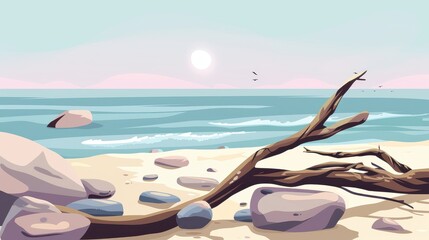 Wall Mural - Serene beach landscape with driftwood, rocks, and calm ocean waves at sunset. Tranquil seaside scene for relaxation, travel, and nature backgrounds.