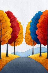 Poster - A charming autumn country road lined with vibrant red and golden trees watercolour illustration 