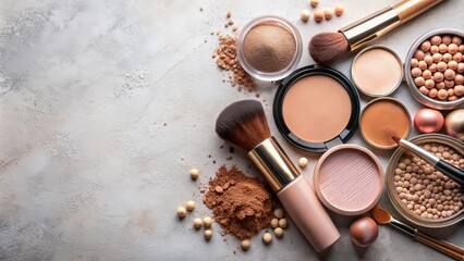 Wall Mural - Neutral-toned, artistic makeup arrangement featuring blush, bronzer, and loose and compact powders on a clean, minimalist background with copy space.