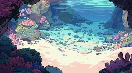 Wall Mural - Underwater cave illustration. Cartoon marine landscape with colorful corals, rocks, and seabed. Perfect for video games, animation, and children's books.