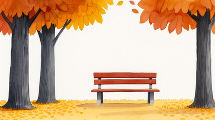 Canvas Print - A peaceful autumn park bench surrounded by golden leaves and tall trees watercolour illustration 