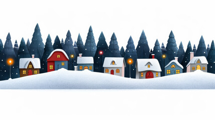 Canvas Print - A picturesque snowy village with colorful holiday lights and a gently falling snow watercolour illustration 