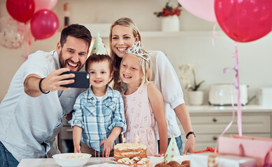 Sticker - Happy, birthday and selfie for family, kitchen and cake for sister of boy, candles and smile for photography. Love, picture and girl with presents for growth, development and children in party