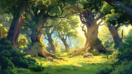 Wall Mural - Enchanting sunlit forest clearing, digital art illustration of ancient trees and lush foliage. Concept of nature, fantasy, and tranquility.