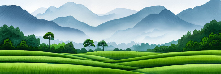 Wall Mural - A watercolor illustration of a peaceful rice terrace with lush green paddies and distant mountain backdrop bright simple watercolour 