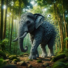 Wall Mural - a hyperrealistic picture of a elephant that looks normal at the front but falls apart in little cubes