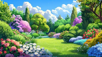 Wall Mural -  Idyllic garden landscape with lush green grass, colorful flowers, and blue sky. Concept of spring, summer, nature, beauty, and paradise.