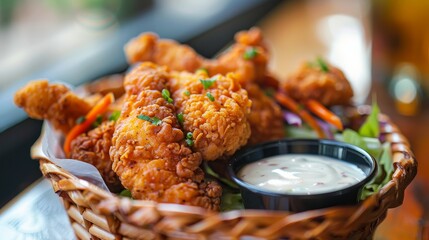 Wall Mural - A closeup shot of crispy fried chicken tenders served in a woven basket with a side of savory dipping sauce