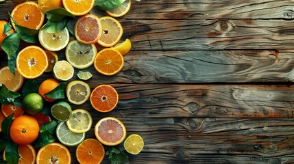 Wall Mural - Colorful citrus fruits on a wooden table create a vibrant image with empty space for text