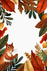 Canvas Print - Autumn watercolor frame featuring whimsical squirrels and golden oak leaves playful seasonal tones watercolour illustration 