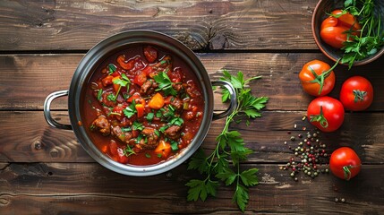 Wall Mural - Overhead view of tomato stew in a pot with tomatoes, parsley on a wooden table, surrounded by fresh tomatoes, parsley sprigs, and peppercorns