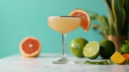 Wall Mural - Paloma Cocktail: Paloma cocktail in glass, with a small garnish of lime and grapefruit, isolated against blue background.