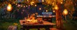 © Maryam - Outdoor evening barbecue with delicious grilled food on a wooden table and festive string lights