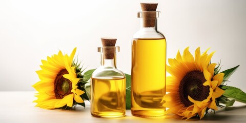 Wall Mural - Sunflower Oil in Glass Bottles with Sunflowers