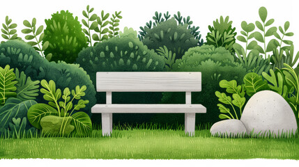 Canvas Print - Tranquil meditation garden with a single stone bench amidst soft green foliage and serene atmosphere watercolour illustration 