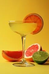 Wall Mural - Paloma Cocktail: Paloma cocktail in glass, with a small garnish of lime and grapefruit, isolated against orange background.