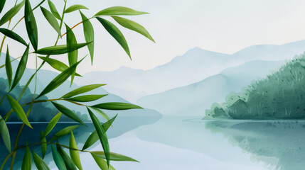 Wall Mural - Watercolor illustration of a serene bamboo grove bordering a tranquil mountain lake with vivid reflections bright watercolour 