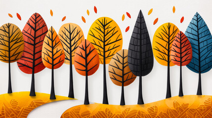 Sticker - Watercolor illustration of a vibrant autumn forest during golden hour with falling leaves and a winding path watercolour illustration 