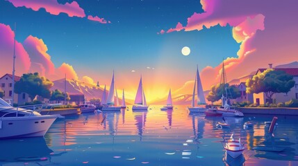 Wall Mural - Digital art of a harbor with sailboats and yachts at sunset.  Concept of summer, vacation, travel, and relaxation.