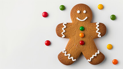 Canvas Print -  A festive gingerbread man adorned with icing and colorful candy details watercolour illustration 