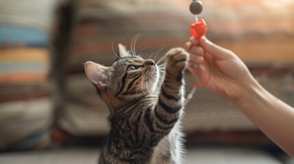Poster - A cat stretching to catch a toy fish attached to a string, engaging in interactive play with its owner.
