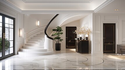 A modern home interior with a curved wooden staircase featuring black iron railings and white marble flooring. A black door is visible to the right