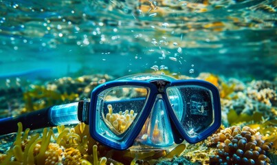 blue diving mask floating on sea floor, surrounded by vibrant coral reefs and marine life, underwater bubbles, anemones and fish, professional photography, perfect for travel and adventure sports