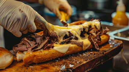 A chef preparing a traditional Philly cheesesteak sandwich with thinly sliced steak and melted cheese on a hoagie roll.