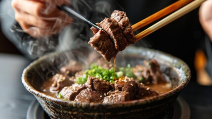 Wall Mural - A close-up of hands holding chopsticks dipping cooked beef from a shabu-shabu pot into a savory sesame sauce.