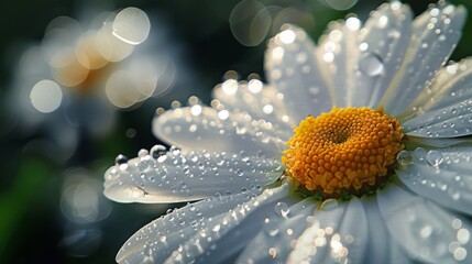 Poster - A close-up view of water droplets forming beads on the petals of a white daisy in a dewy garden.
