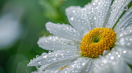 Aufkleber - A close-up view of water droplets forming beads on the petals of a white daisy in a dewy garden.