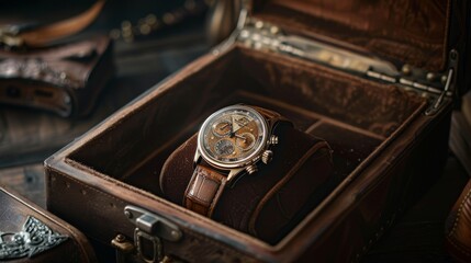 Wall Mural - A luxury wristwatch with a brown leather band rests on a velvet cushion inside a brown leather box